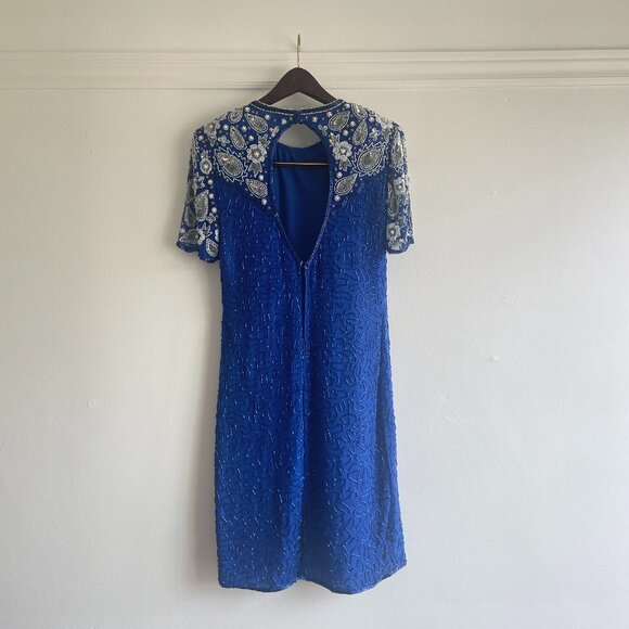 Vintage 80s Laurence Kazar 100% silk royal blue sequin/ beaded mini dress - Picture 4 of 8
